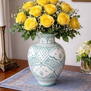 Elegant Teal and White Ceramic Moroccan Vase HAND PAINTED.